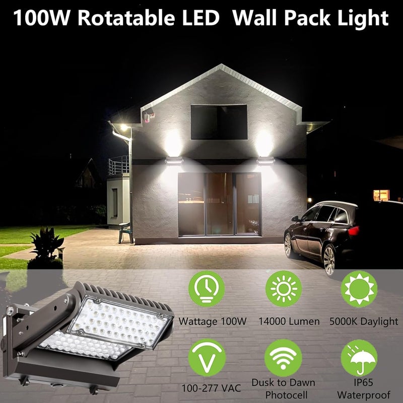 ECCFUTLL Dusk to Dawn100W Rotatable LED Wall Pack Light, 5000K 14000LM 400-600W HPS/HID Equiv, ETL Adjustable Head Outdoor LED Wallpack Lighting Fixture for Area Light, Parking Garages,Warehouse,Entrance - Image 2